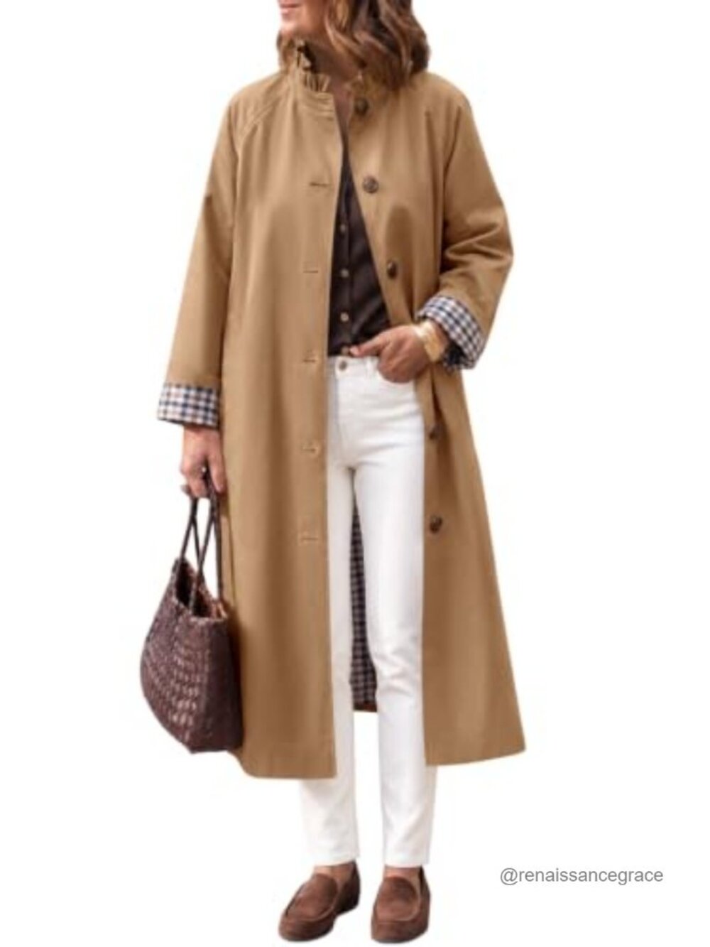 Womens Oversized Long Trench Coat Ruffle Collar Plaid Lining